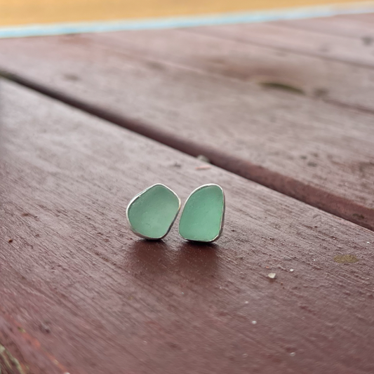 Seafoam green sea glass set in Argentium silver with sterling silver studs and butterfly backs by Mornington Sea Glass