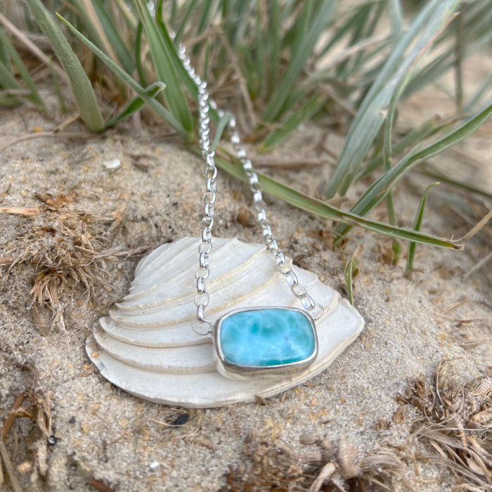 Larimar set in silver pendant by Mornington Sea Glass. Hangs on a 40cm  sterling silver belcher chain. 
