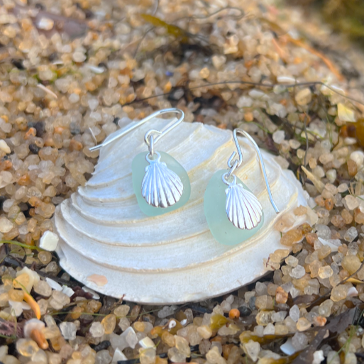 Seafoam sea glass and silver shell earrings by Mornington Sea Glass