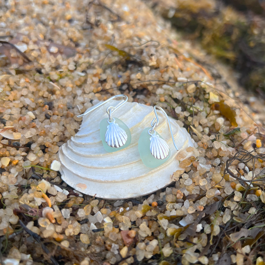 Seafoam sea glass and silver shell earrings by Mornington Sea Glass