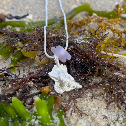 Purple sea glass and silver charm necklace by Mornington Sea Glass. Hangs on a 40 or 45cm sterling silver snake chain.