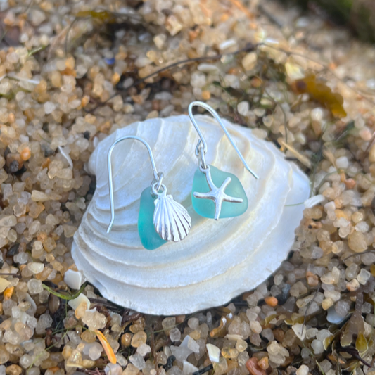 Ocean teal sea glass and silver sea star and shell earrings by Mornington Sea Glass