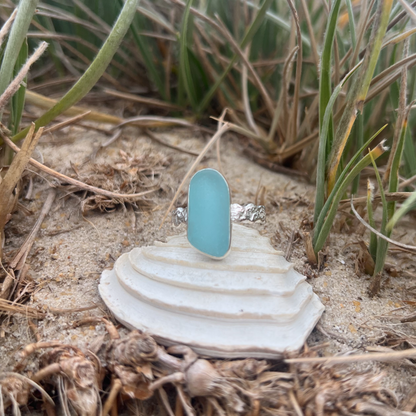 Soft Bbue sea glass set in silver on organic rippled  ring band by Mornington Sea Glass. Size 9 1/2.