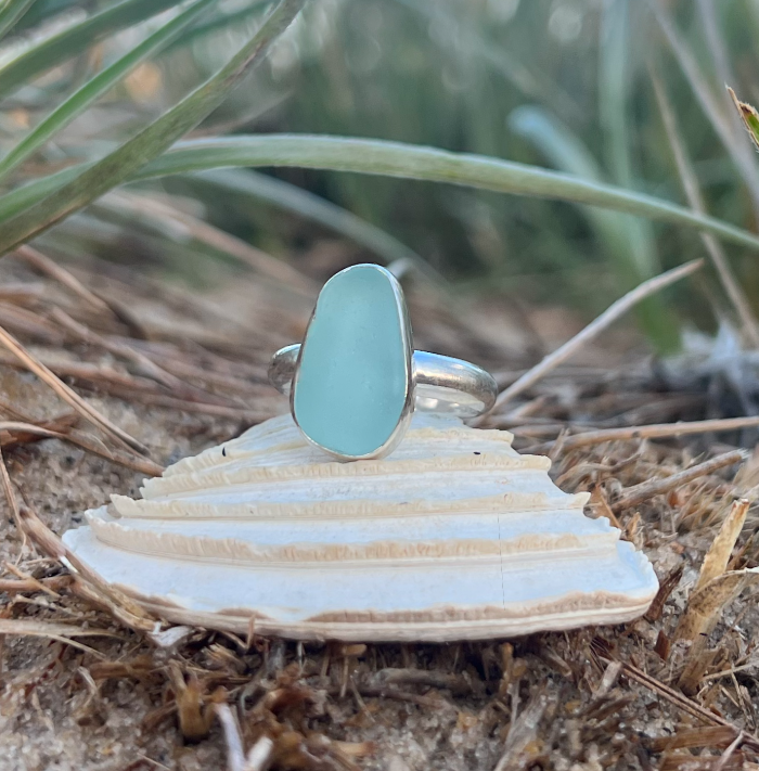 Pale blue sea glass set in silver ring by Mornington Sea Glass. Size 7 3/4.