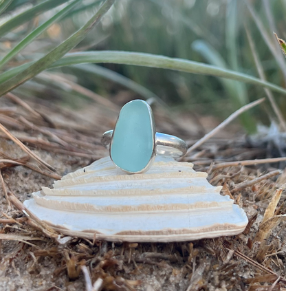 Pale blue sea glass set in silver ring by Mornington Sea Glass. Size 7 3/4.