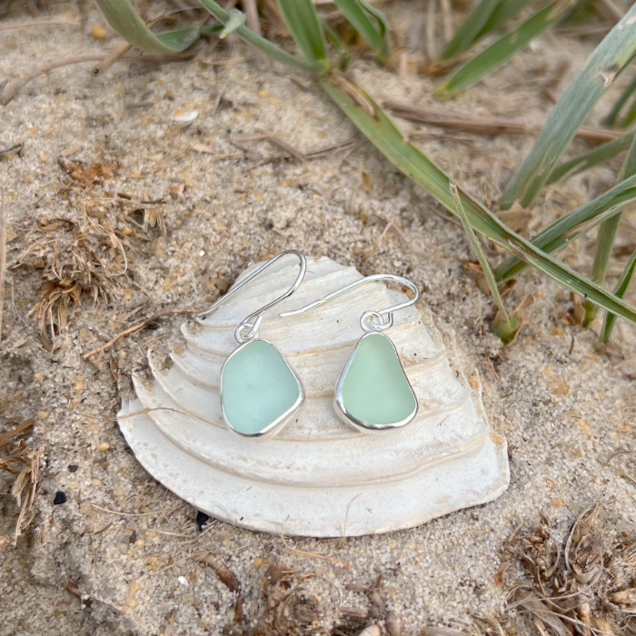Soft green sea glass set in silver earrings by Mornington Sea Glass