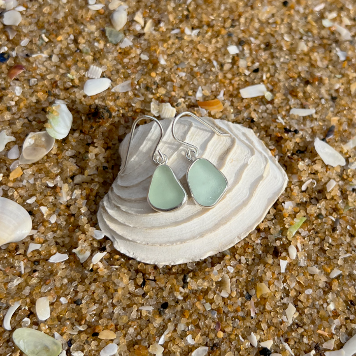 Soft Green sea glass set in silver earrings by Mornington Sea Glass
