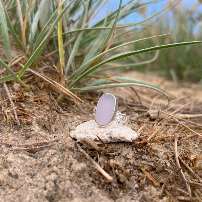 Purple sea glass set in silver on organic hammered ring band by Mornington Sea Glass. Size 7.