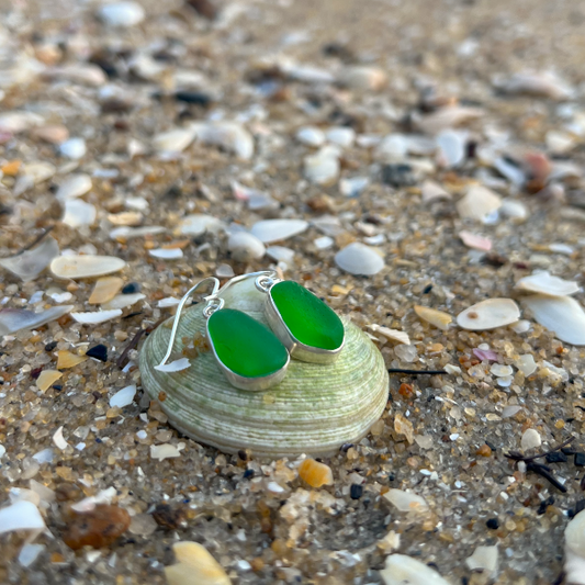 Green sea glass set in silver earrings by Mornington Sea Glass