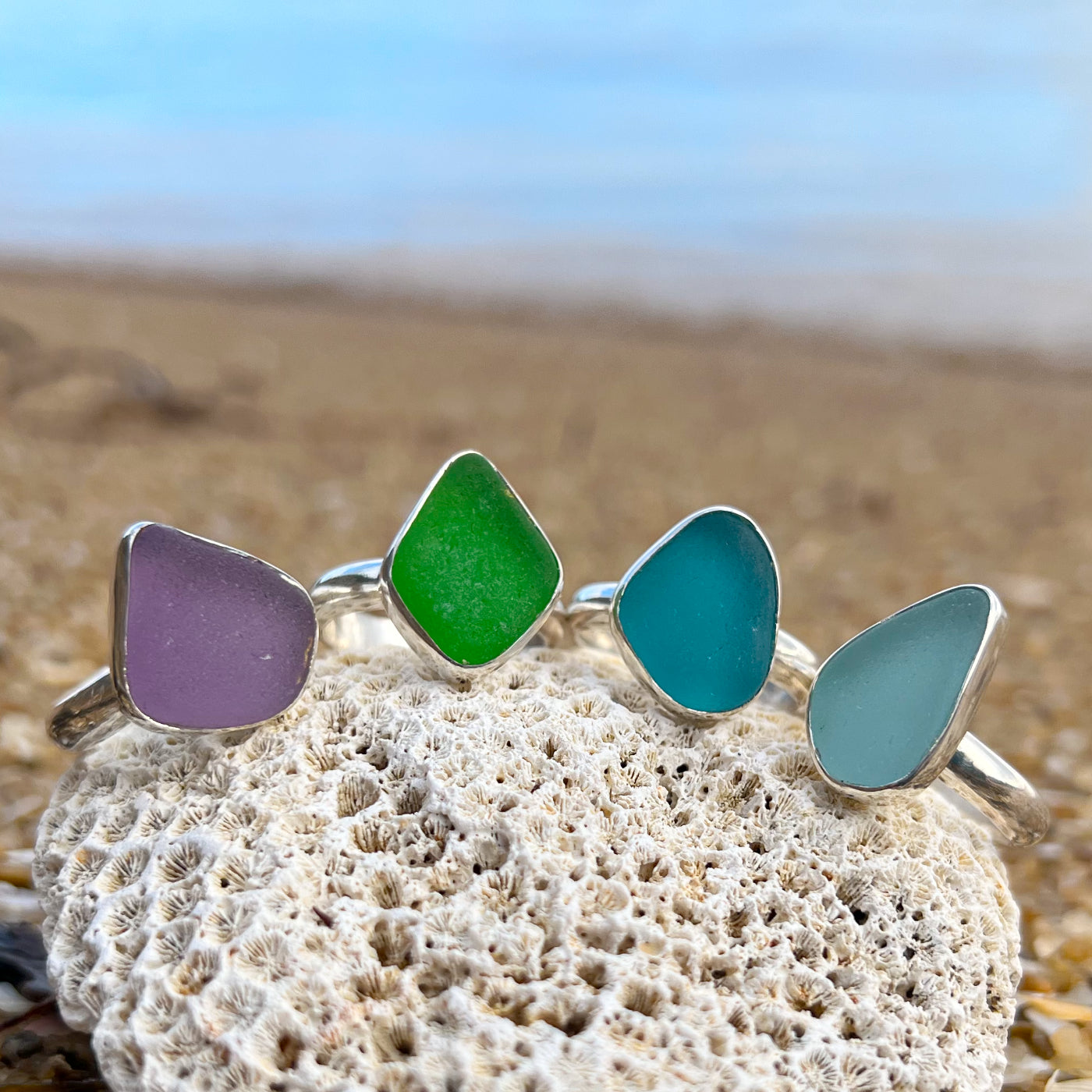 Sea glass set in silver rings by Mornington Sea Glass