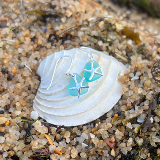 Ocean teal and silver starfish earrings by Mornington Sea Glass