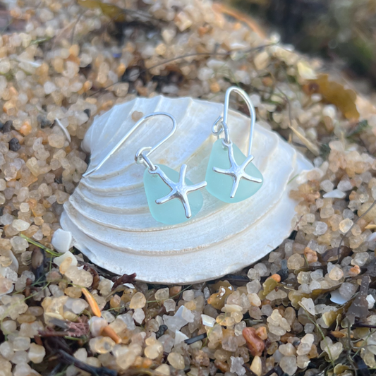 Soft blue sea glass and silver starfish earrings by Mornington Sea Glass