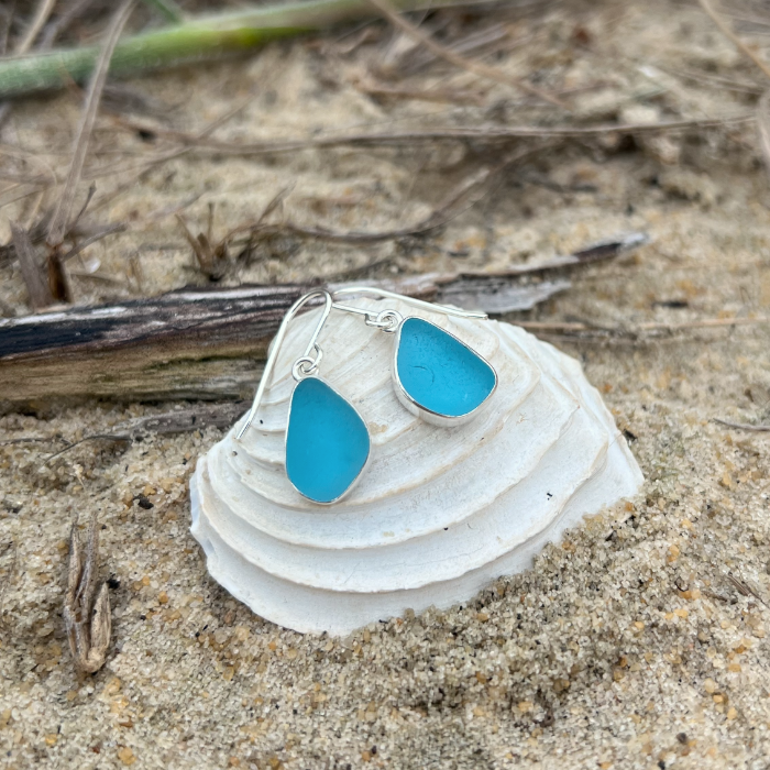 Ocean teal sea glass set in silver earrings by Mornington Sea Glass