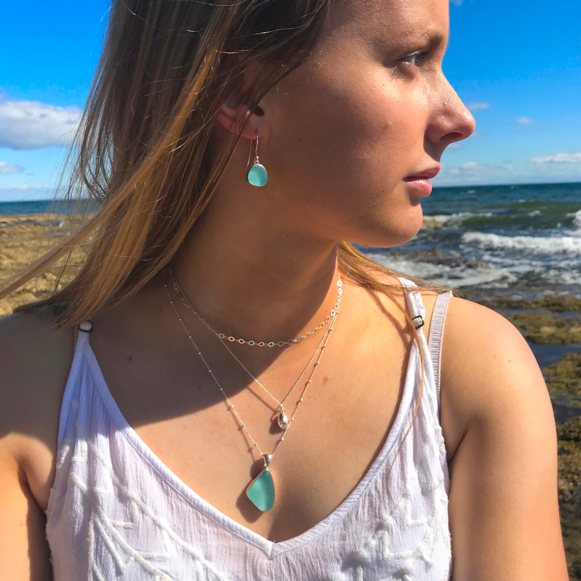 Model wearing sea glass jewellery by Mornington Sea Glass