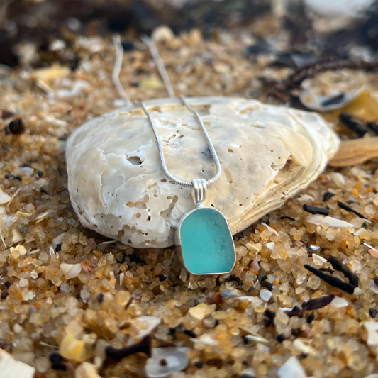 Ocean Teal  sea glass pendant set in Argentium silver. to the exact shape it washed ashore. Pendant by Mornington Sea Glass.