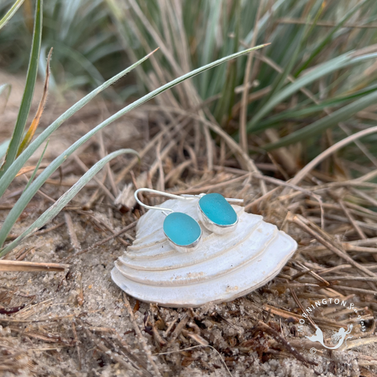 Teal green sea glass set in silver earrings by Mornington Sea Glass