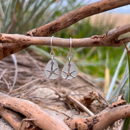 White sea glass and sterling silver starfish earrings  by Mornington Sea 