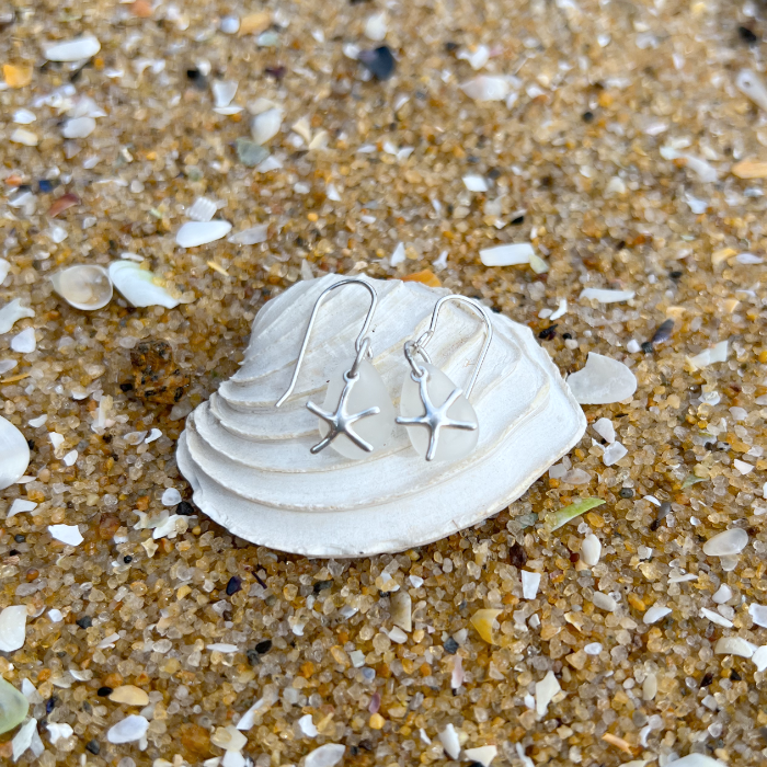 White sea glass and silver sea star charm earrings by Mornington Sea Glass
