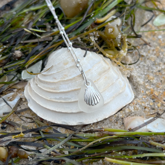 White Sea glass and silver shall charm necklace by Mornington Sea Glass